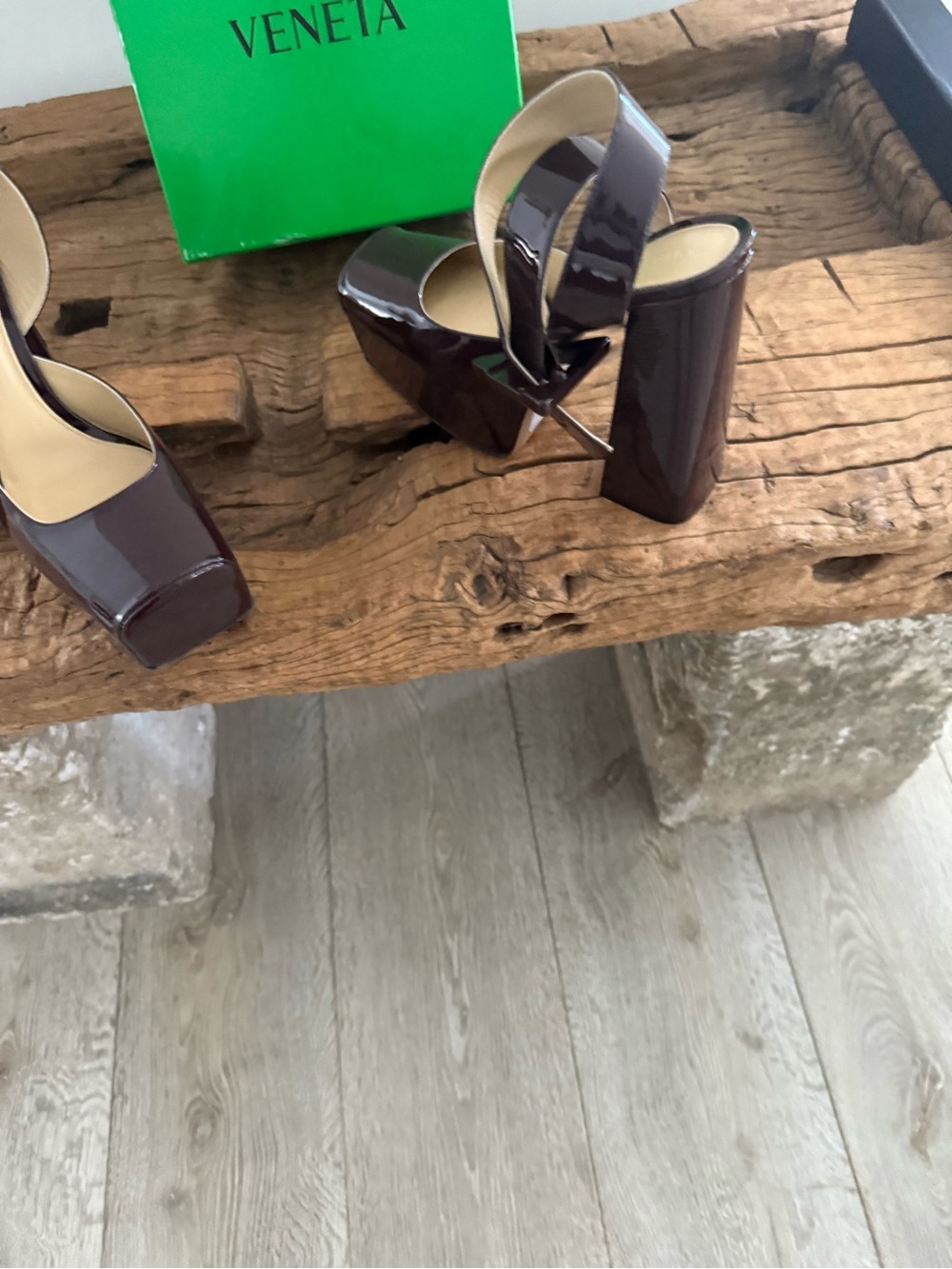 BOTTEGA VENETA Patent Platform Block Heel Ankle-Strap Pumps - Dark Brown - Picture 6 of 15